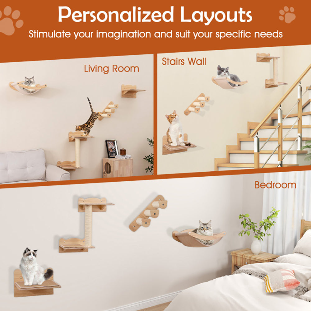 Wall-mounted cat furniture set in personalized layouts for living room, stairs wall, and bedroom.