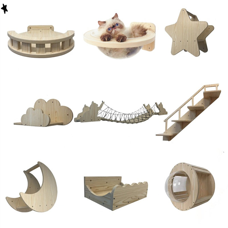Solid wood wall-mounted cat climbing platform in various playful shapes for cats to explore and enjoy.