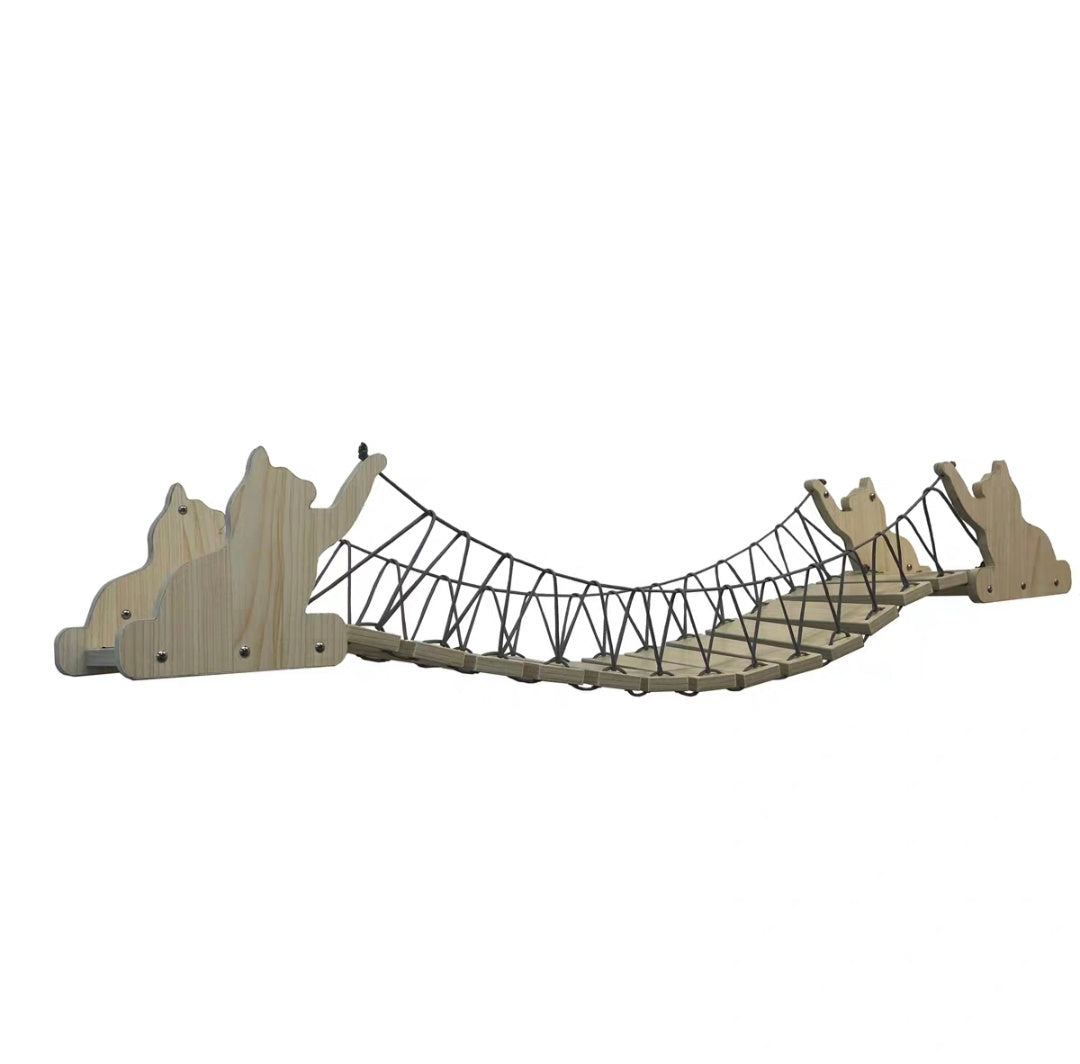 Solid wood wall-mounted cat climbing platform with a unique bridge design for climbing and exploring.