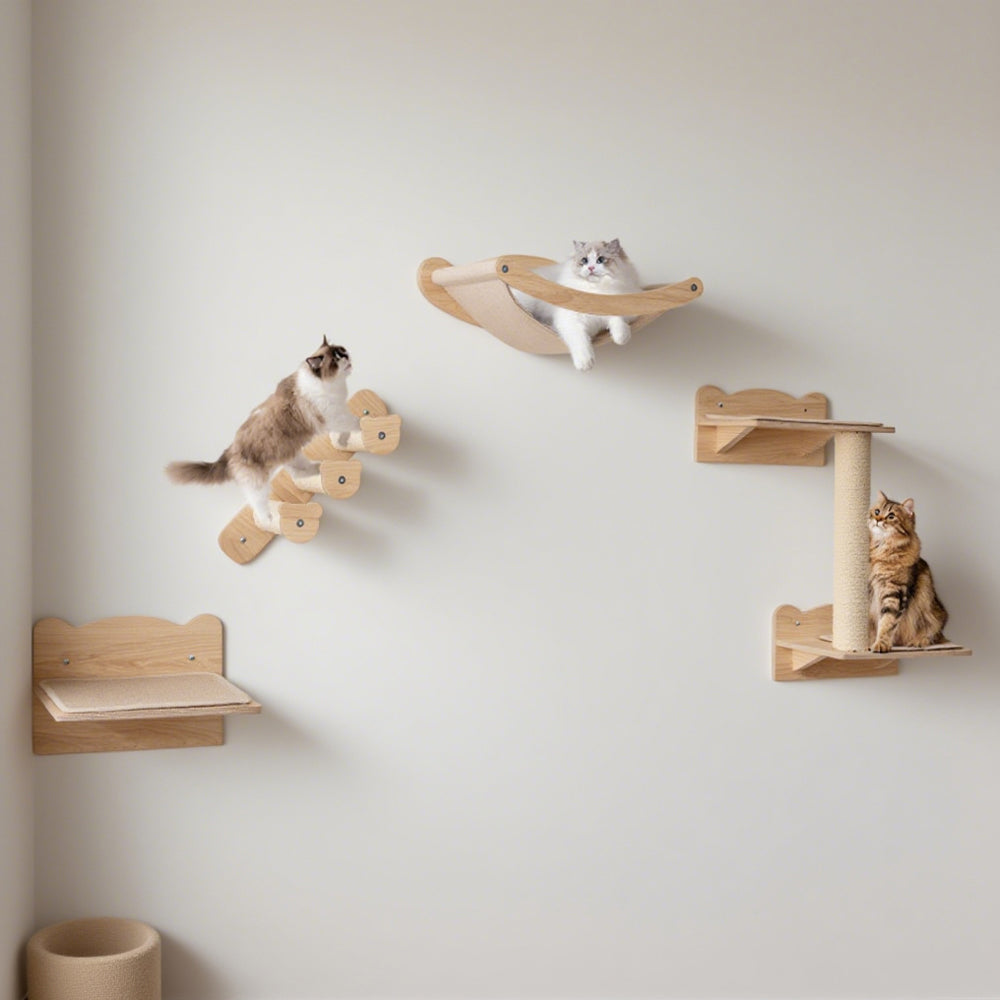 Wall-mounted cat furniture set featuring hammock, stairs, platform, and multi-level tree for playful cats.