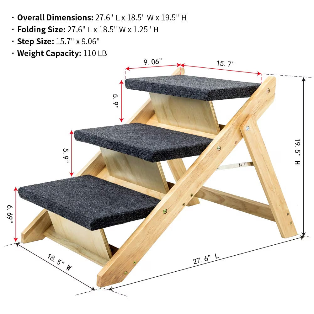 Foldable wood pet stairs with 3-level design