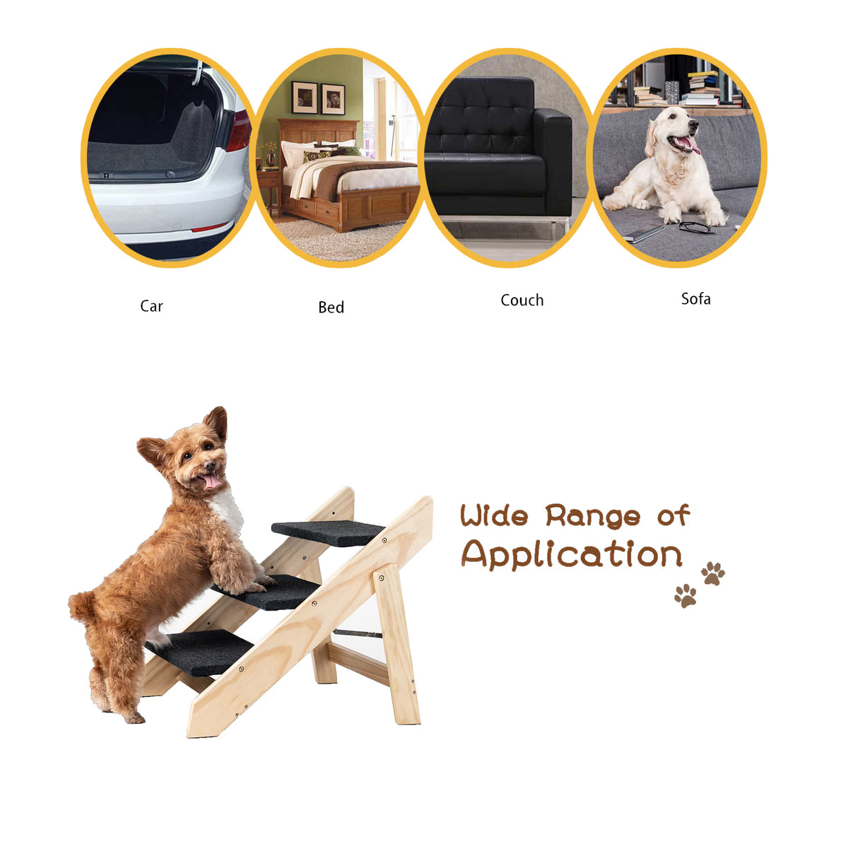 Foldable wood pet stairs with soft carpet surface