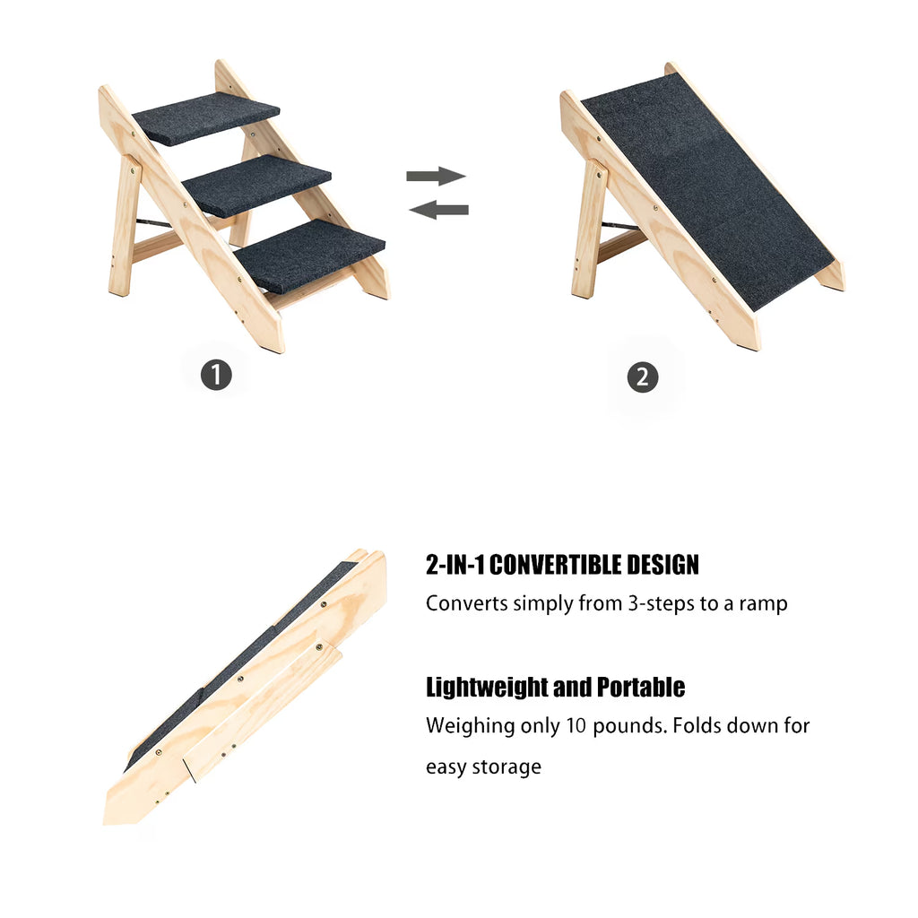 Foldable wood pet stairs converted into a ramp 