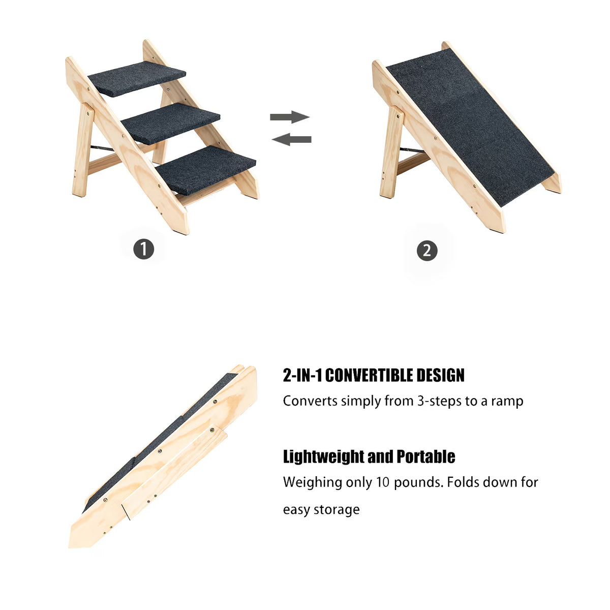 Foldable wood pet stairs converted into a ramp 