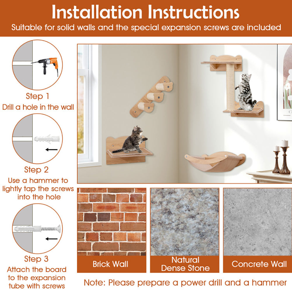 Installation instructions for wall-mounted cat furniture set including suitable wall types and steps for secure mounting.
