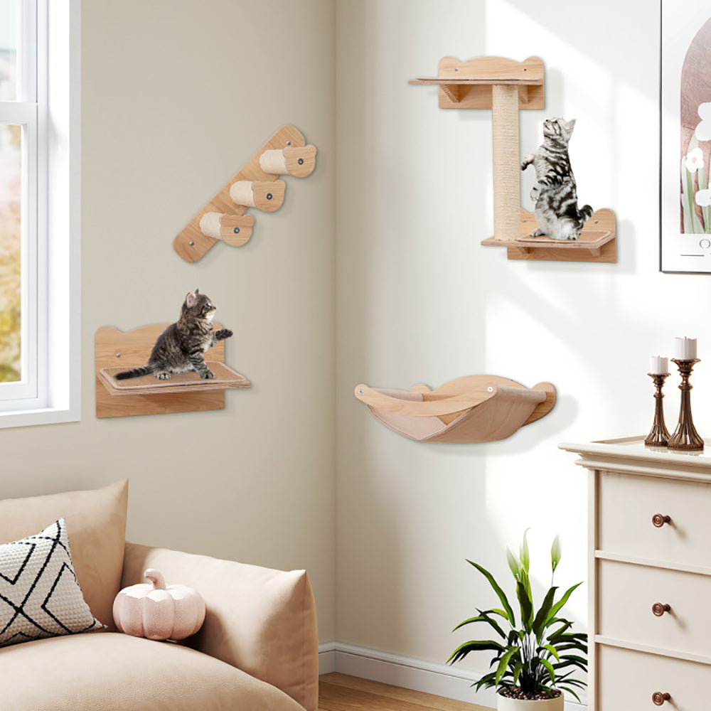 Wall-mounted cat furniture set featuring a hammock and climbing platforms for playful cats in a stylish home interior.