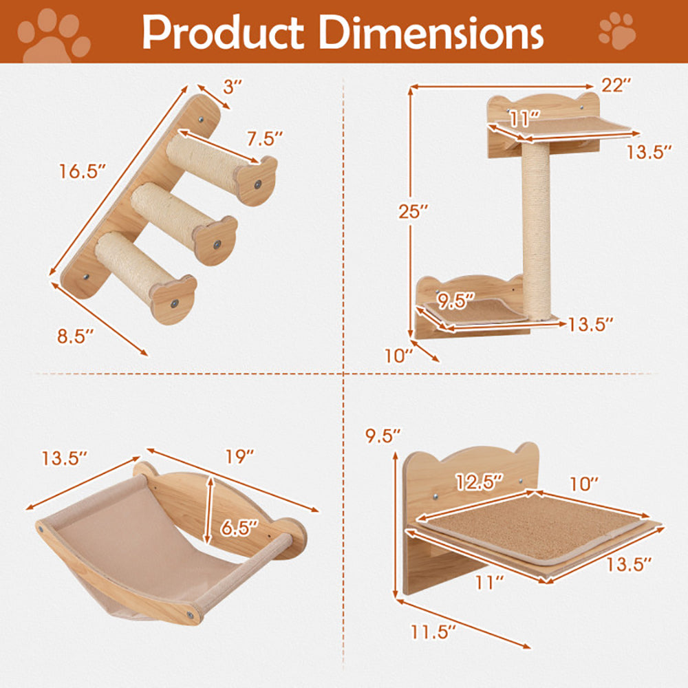 Product dimensions for wall-mounted cat furniture set with hammock, showcasing detailed size measurements for each piece.
