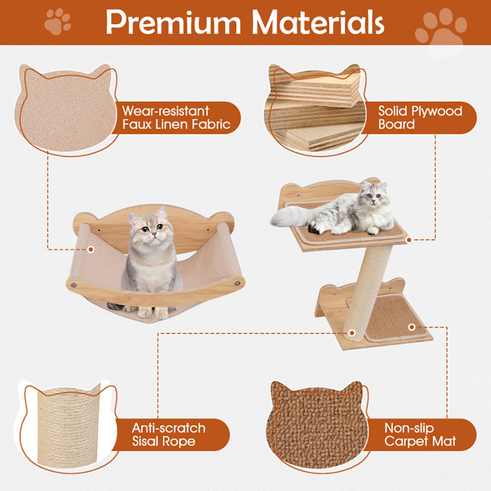 Premium materials used in wall-mounted cat furniture set, featuring faux linen fabric, plywood board, sisal rope, and carpet mat.