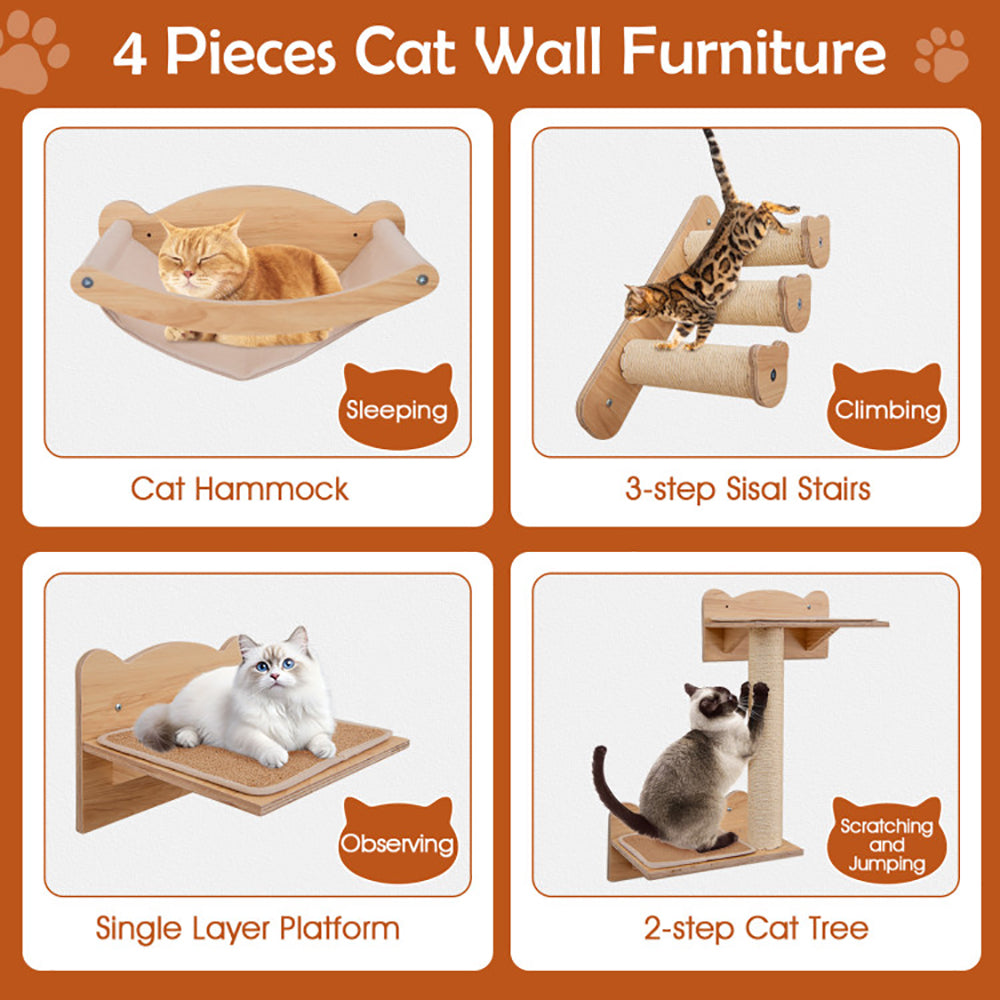 Wall-mounted cat furniture set featuring a cat hammock, stairs, platform, and multi-level cat tree for play and relaxation.