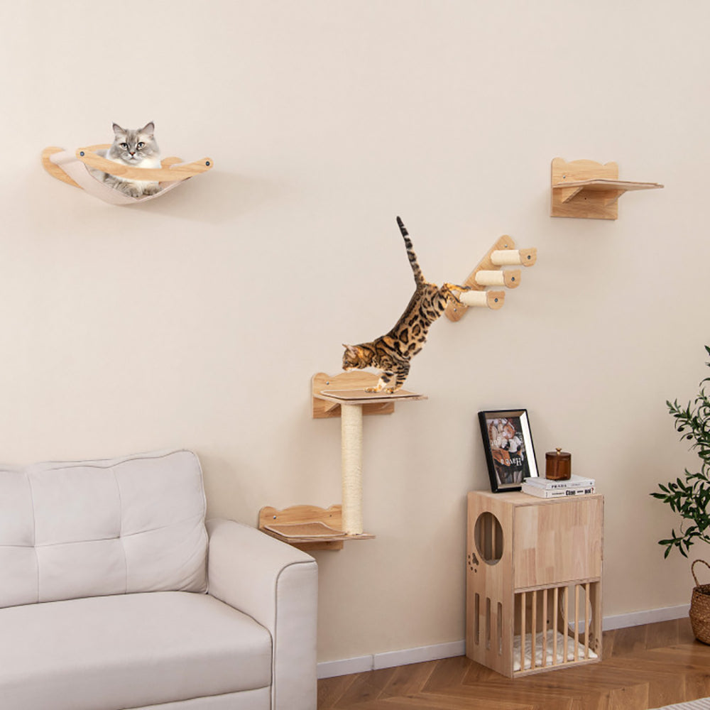 Wall-mounted cat furniture set featuring a hammock, stairs, and a platform for cats to play and relax.