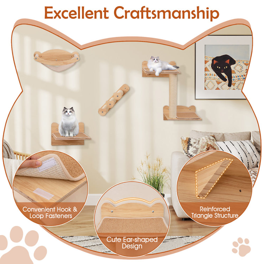 Wall-mounted cat furniture set with hammock showing excellent craftsmanship and design features for cats.